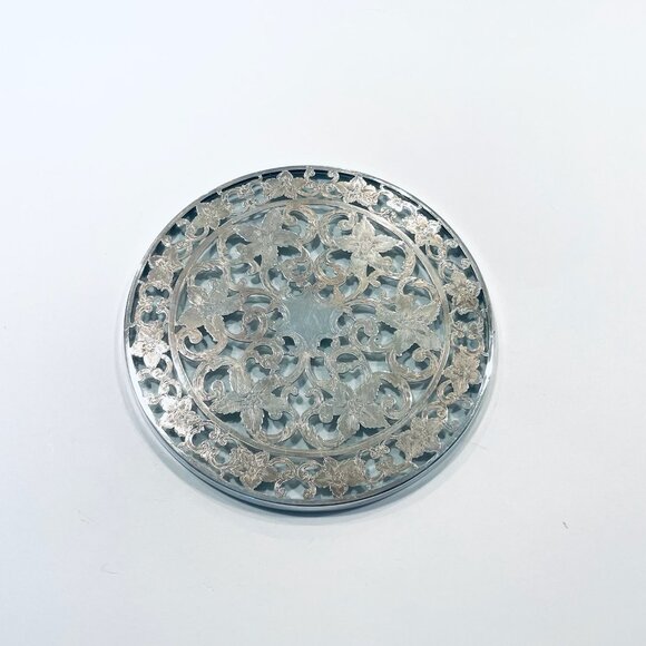 Webster Sterling Floral Chasing Engraving On Glass Trivet - Picture 2 of 6